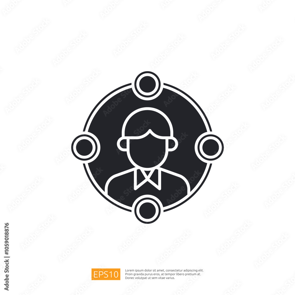 Poster this image features a simple icon of a person surrounded by four circles, symbolizing connection or 