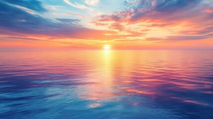 serene sunset over a calm ocean, featuring a palette of orange, pink, and purple hues reflecting on the water's surface, evoking a sense of peace and natural beauty