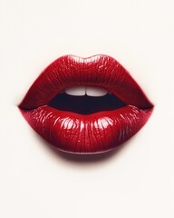 Obraz premium Close-up of glossy red lips isolated on white background. Concept of beauty, glamour, and sensuality.