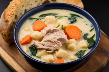 a bowl of creamy Chicken and Gnocchi Soup with chunks of carrots, spinach leaves, and chicken