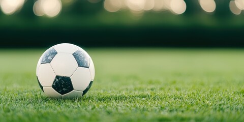 Fototapeta premium A close-up view of a classic black and white soccer ball resting on a lush green grass field under soft natural light.