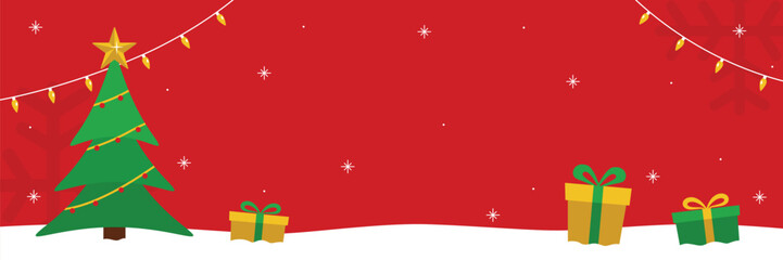 Christmas banner template flat illustration with pine tree and gift boxes on snow