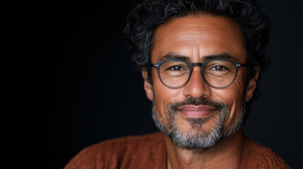 Obraz premium A high-resolution photograph of a rugged Samoan man with a teddy bear-like build, intense eyes, and black curly hair. He wears sleek glasses and has a gentle, inviting smile. Dress