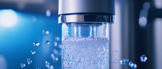 Innovative water filtration technology in action, showcasing bubbles and clear water. This highlights efficiency and modern design of filtration systems