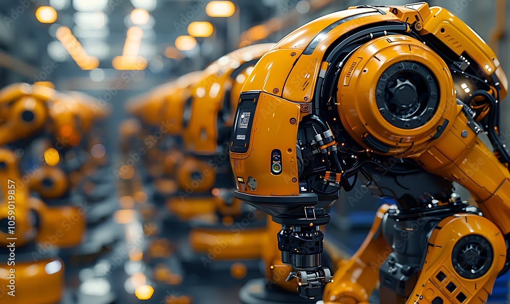 Poster A close-up view of robotic arms in a factory setting, showcasing advanced technology and automation with a vibrant yellow color.