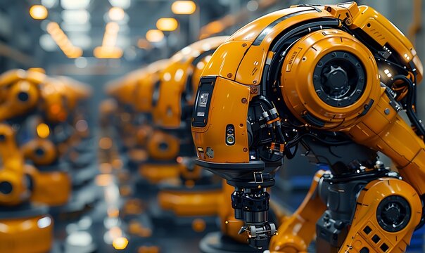 A close-up view of robotic arms in a factory setting, showcasing advanced technology and automation with a vibrant yellow color.