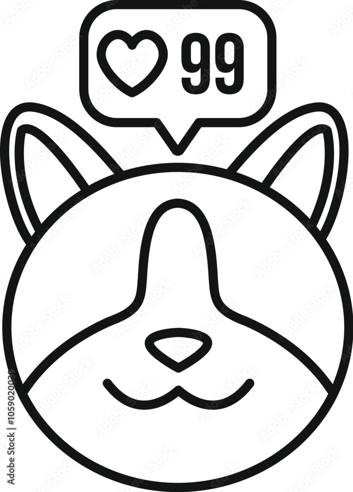 Poster simple line drawing of a cat face with a speech bubble showing 99 likes, representing online popular