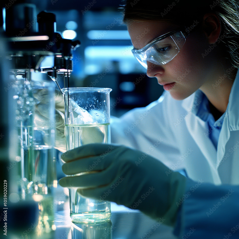 Poster laboratory worker conducting water quality tests in high tech lab, focused on precise measurements a