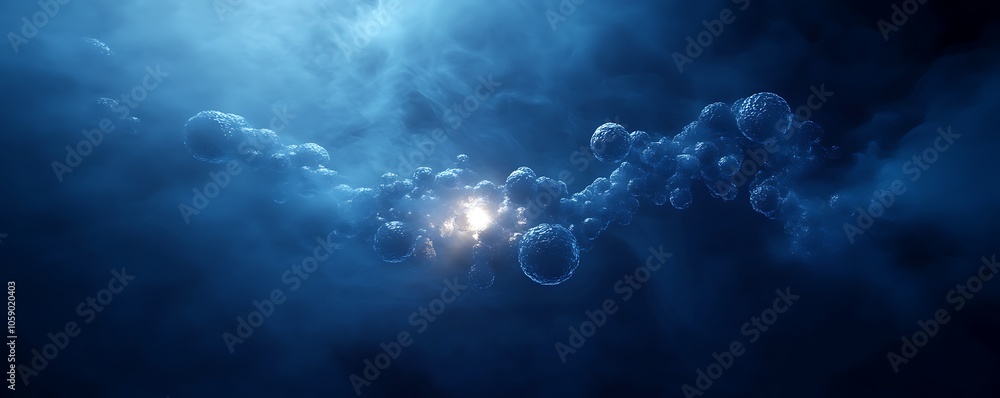 Poster abstract representation of molecular structures in a dark, atmospheric environment.