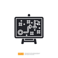 A simple illustration of a strategy board with a path, flag, and symbols representing a game or plan.