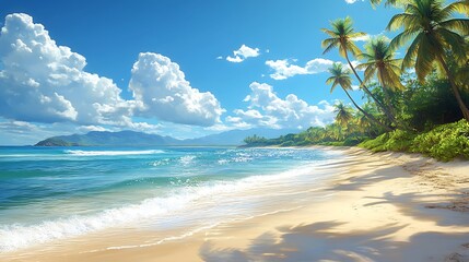 A serene tropical beach with white sand, turquoise water, palm trees, and a blue sky with fluffy white clouds.