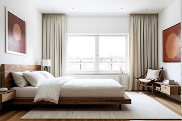 Minimalistic white bed room with earth tone decor and copy space.