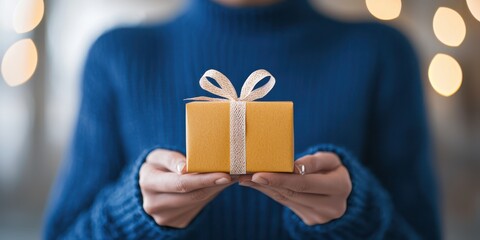A person holding a small yellow gift box with a ribbon, creating an atmosphere of joy and celebration.