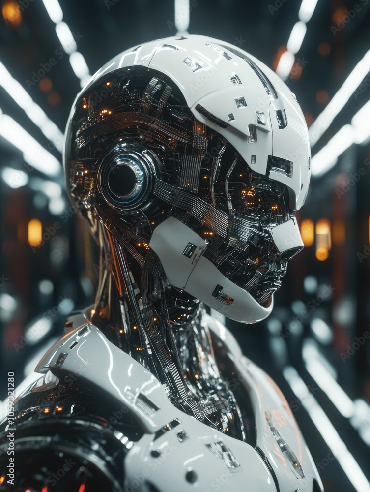Poster advanced robot with cybernetic enhancements, standing in futuristic environment with neon lights and