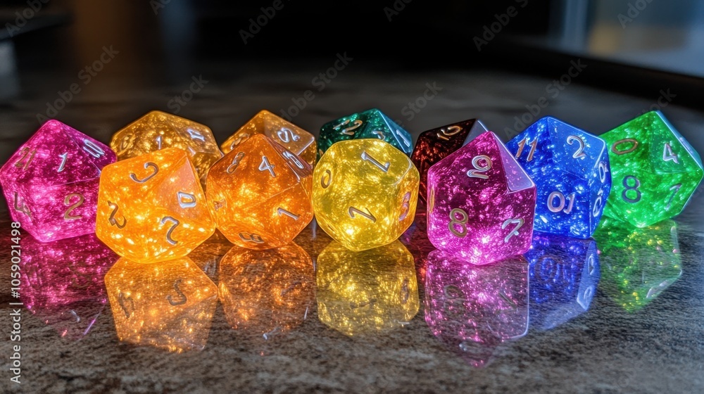 Poster colorful dice on table with sparkling reflection