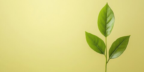 A single green plant stem with leaves against a soft yellow backdrop.