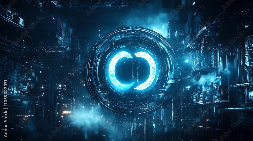 Poster a futuristic digital interface featuring a glowing circular design amidst a high-tech environment.