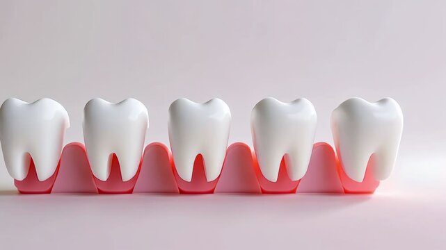 Row of five dental implants with root structures on white background, in alignment.