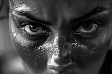 A muddy-faced woman with determination in her eyes, participating in a competitive obstacle course event.