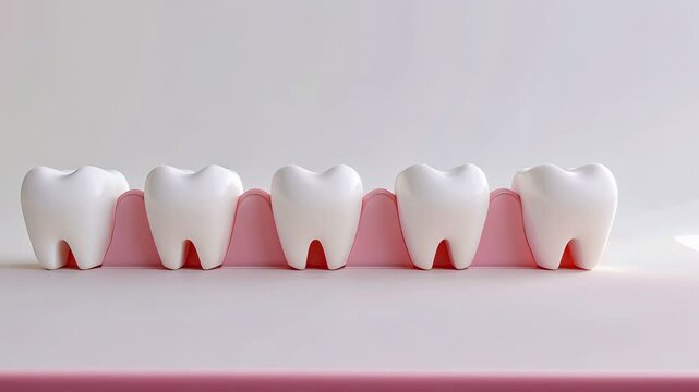 Aligned five dental implants on white background, representing dental health and prosthetics.