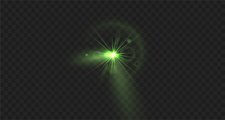 Light green star. Light sunny sparkle. White light flash green. Vector illustrator. lighting effects. Beam a spotlight and a star with bokeh and dust. Glowing abstract isolated lenses light effects.