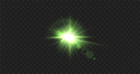 Light green star. Light sunny sparkle. White light flash green. Vector illustrator. lighting effects. Beam a spotlight and a star with bokeh and dust. Glowing abstract isolated lenses light effects.