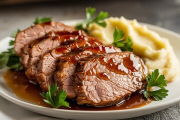 a delectable dish featuring slices of pork tenderloin meat glazed with a rich, dark honey garlic sauce