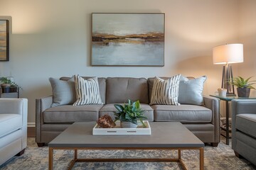 A photo of a living room interior with a sofa
