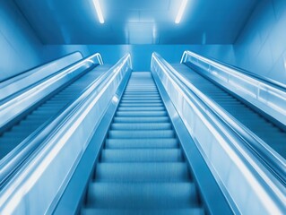 Modern escalator with illuminated steps, blue lighting. Concept of transportation or urban life.