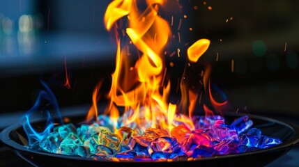 Close up of a vibrant flame flickering in darkness, emphasizing dynamic movement and intense colors