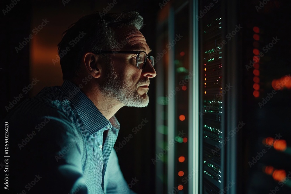 Poster man in server room analyzing computer data with intense concentration.