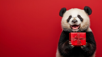 Fototapeta premium Smiling panda holding a red gift box with sparkly ribbon on red background. Postcard with empty copy space 
