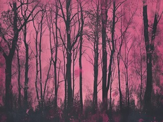Dense forest with pinkish foliage at dusk or dawn