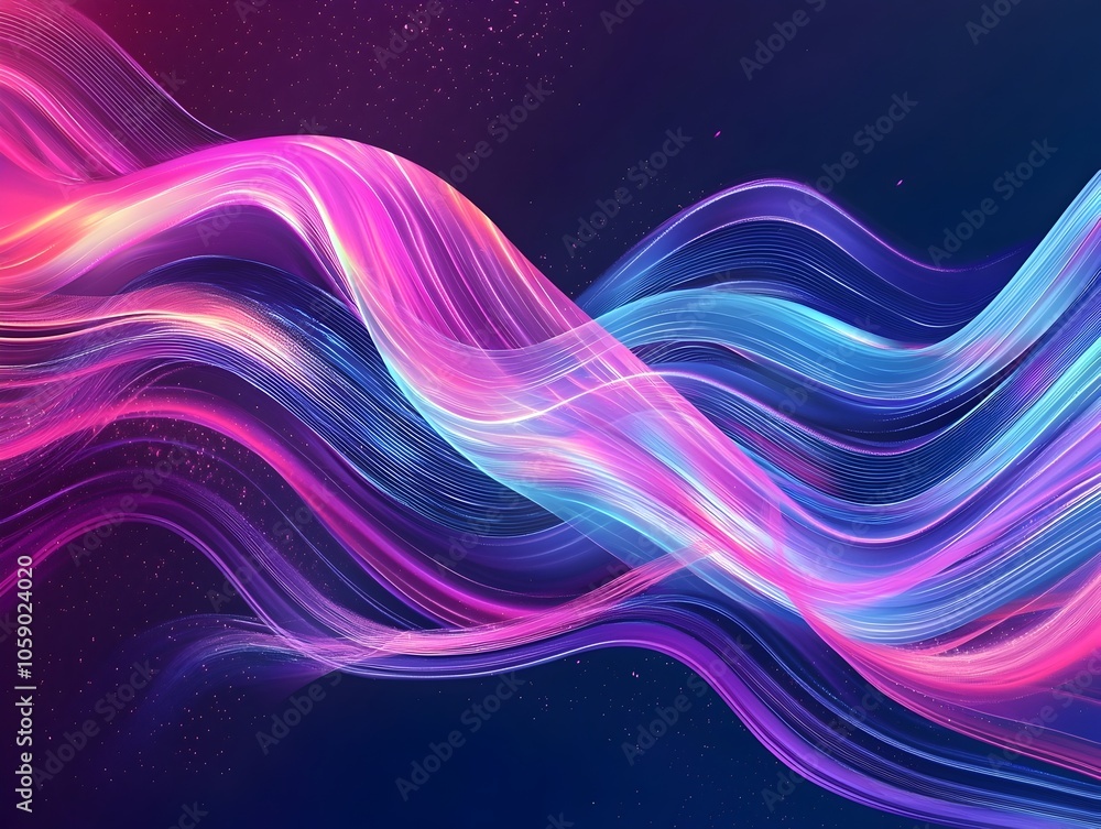 Poster mesmerizing neon wave patterns in vibrant hues across a captivating dark background