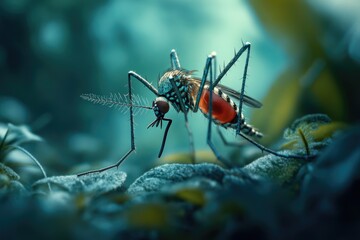 Fototapeta premium Mosquito sitting on vegetation in forest
