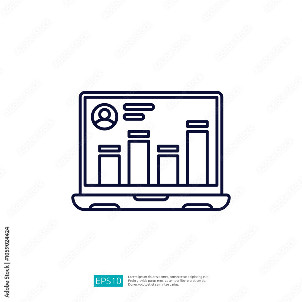 Poster a laptop displaying a user profile and bar graph data, illustrating analytics or performance metrics