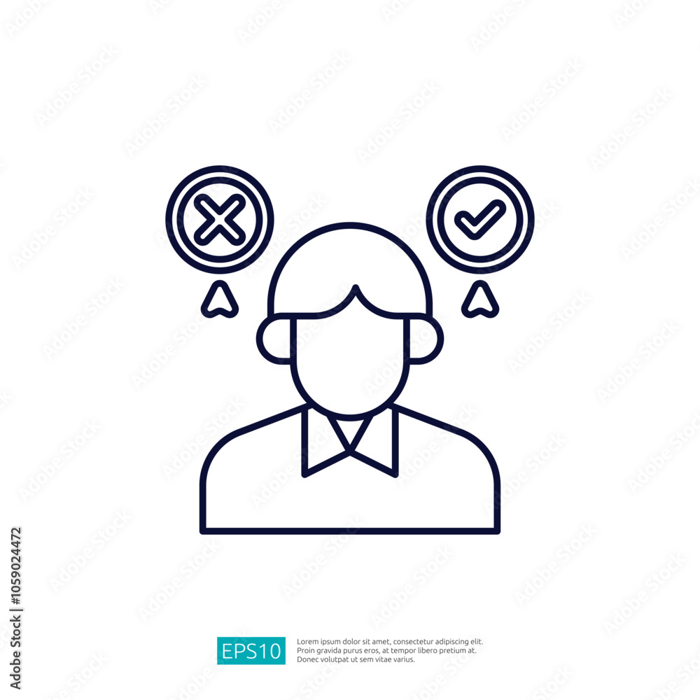 Poster a simple line drawing of a person with two icons above their head, one showing a checkmark and the o