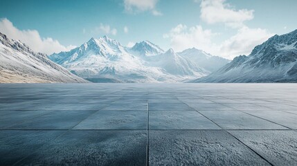 Snowy Mountain Landscape Featuring High Peaks, Platform, Road, and Parking Area on Brick Surface for Automotive Advertisement with Blank Background
