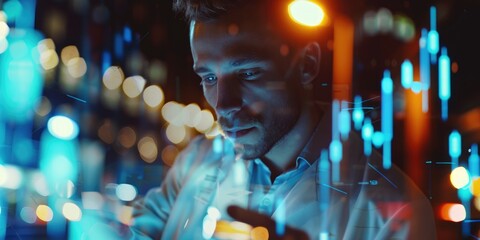 Man using smartphone in neon lights