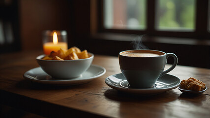 Enjoying breakfast, coffee, and warm bread.