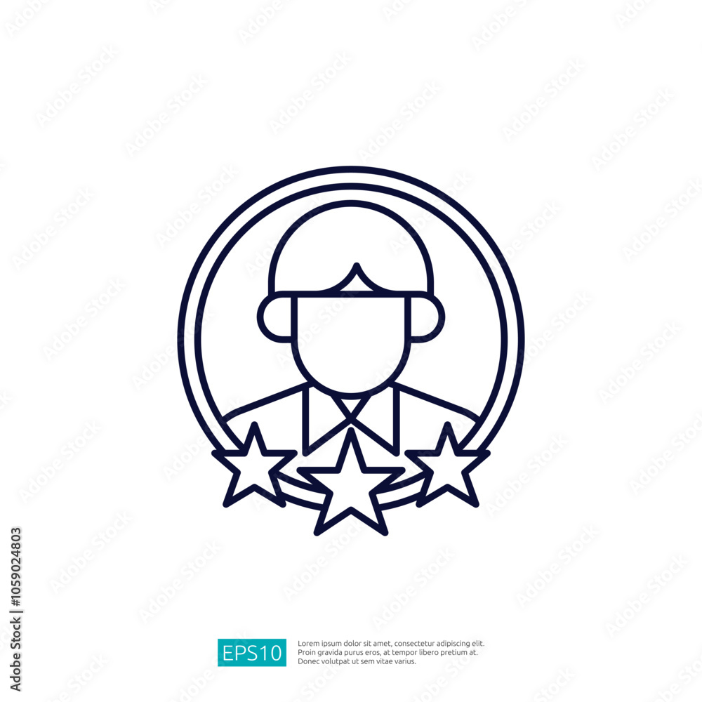Poster this image features a simple line drawing of a person with a circular frame and three stars, suggest
