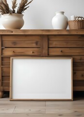 A rustic wooden cabinet or dresser with a blank white frame on the front, surrounded by various decorative items like baskets and vases.