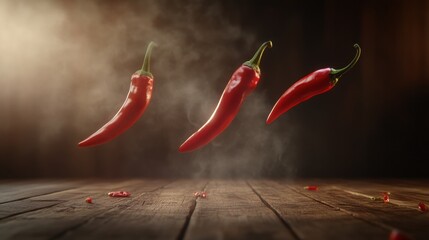 Fresh Red Chili Peppers in Dramatic Floating Scene