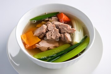 a boiled broth with chunks of meat and fresh vegetables