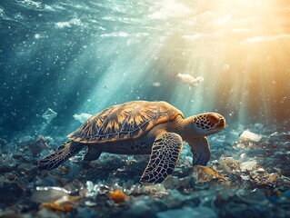 Fototapeta premium Endangered Sea Turtle Navigating Treacherous Plastic Filled Waters in a Changing World