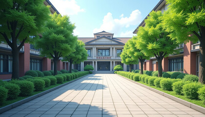 Japanese high school courtyard background, with clean pathways, neatly trimmed trees, and a classic school building in the background, nostalgic and classic