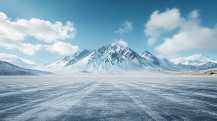 Snowy Mountain Landscape Featuring High Peaks, Platform, Road, and Parking Area on Brick Surface for Automotive Advertisement with Blank Background