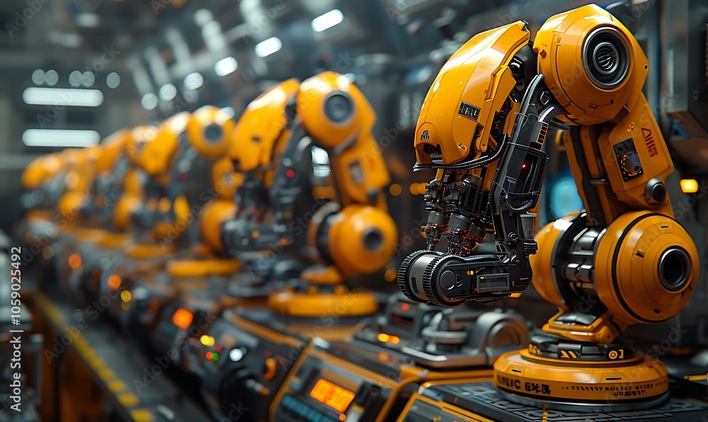 Poster A row of industrial robotic arms in a factory setting, designed for assembly lines with vibrant yellow colors and intricate machinery.