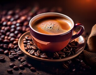 Café cremoso e intenso con un fondo de granos de café Arábica tostados