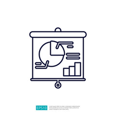 A simple line drawing of a presentation board displaying a pie chart and bar graph, illustrating data visualization for business or academic purposes.